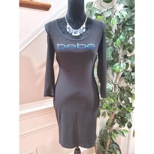 BEBE Women's Logo Blue Swarovski Black Knit Bodycon Dress Size XS